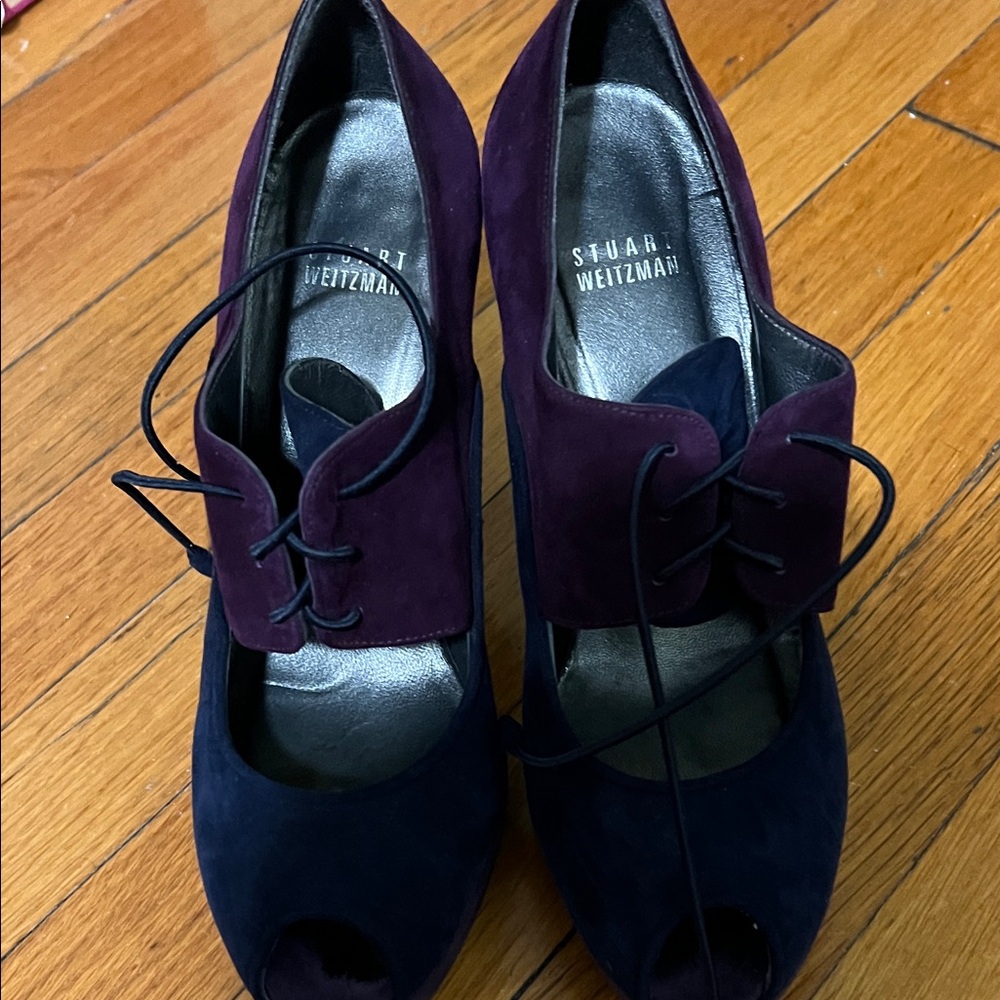 Stuart Weitzman Women's Purple and Navy Peep Toe Heels Size 8
